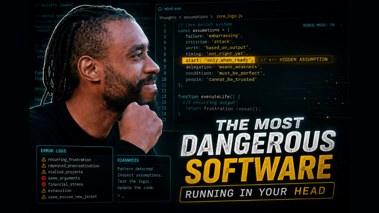 A dark neon-gold programmer graphic showing Takura Nyagumbo&rsquo;s frustrated face beside a futuristic &ldquo;Human Debug Status&rdquo; dashboard, representing programming frustration, mental overload and disciplined problem solving.