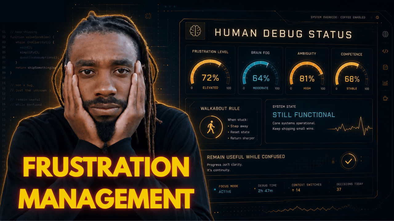 A dark neon-gold programmer graphic showing Takura Nyagumbo&rsquo;s frustrated face beside a futuristic &ldquo;Human Debug Status&rdquo; dashboard, representing programming frustration, mental overload and disciplined problem solving.