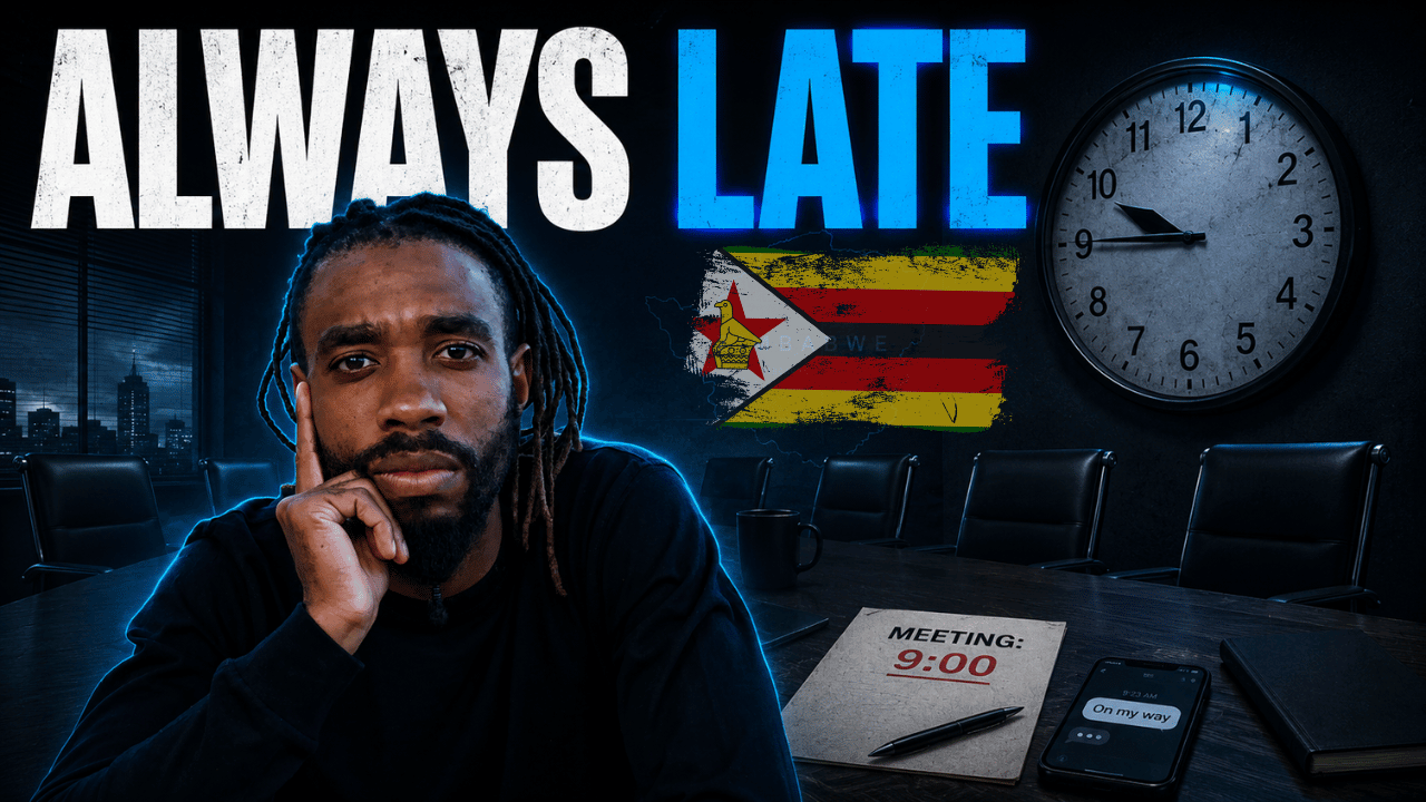 Documentary-style Clueless Pundit 2 graphic about Zimbabwean punctuality, wasted time, broken systems, and the cost of lateness