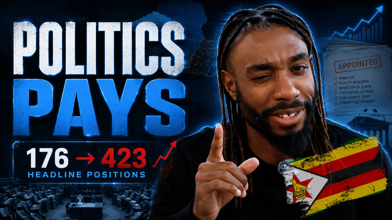 Documentary-style Clueless Pundit 2 graphic about Zimbabwe creating political jobs, AI-proof political office, government expansion and productive competence